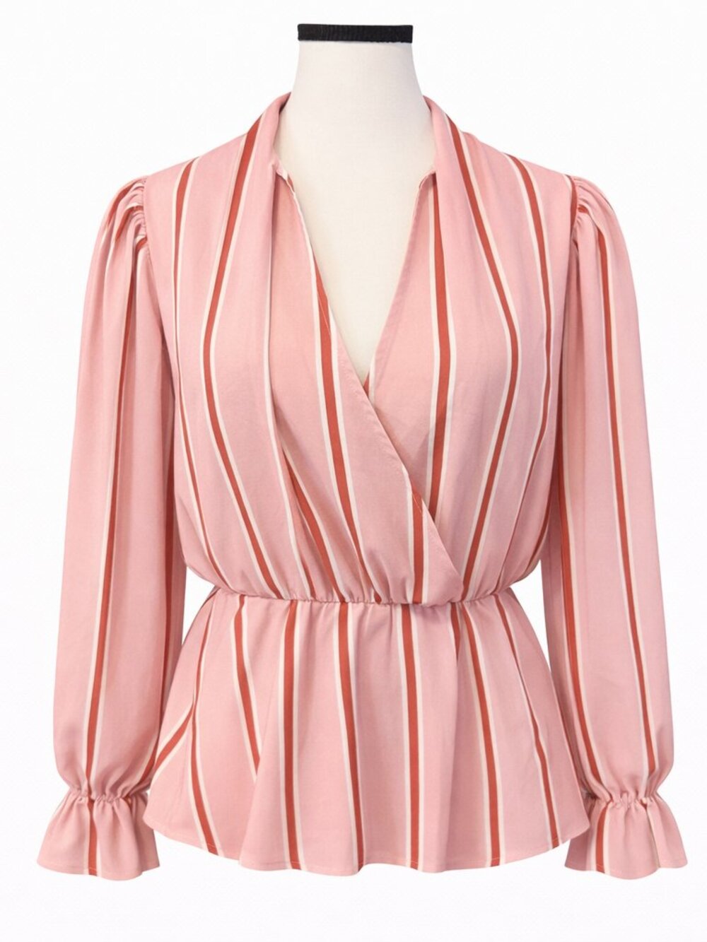 THE MOON Pink Stripe Tie Neck Peplum Blouse Size M Romantic Puff Sleeve Top - Picture 4 of 8
